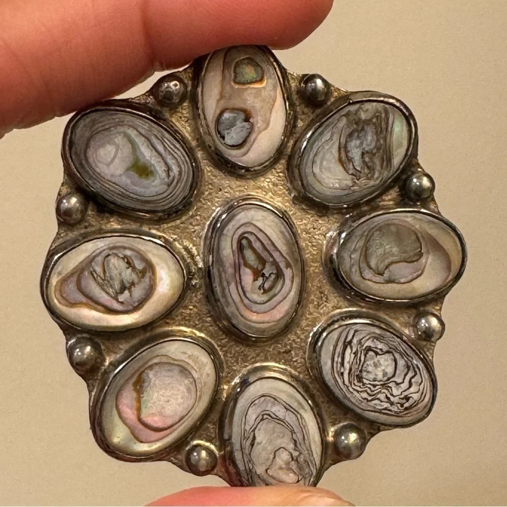Sterling Silver .925 & Abalone Shell Brooch Taxco Mexico TE52 Vintage 70s 80s